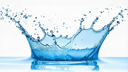 Dynamic water splash with droplets forming a crown shape in blue liquid against a bright white backdrop creating visual impact - Powered by Adobe