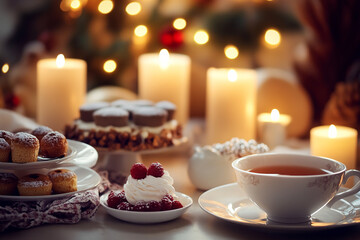 Festive tea party with delicious desserts, candles and warm lights in the background