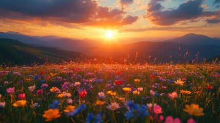 Sunset over blooming wildflower meadow on hills. Golden hour sun illuminates colorful flowers, clouds, green grass. Natural landscape scenery in spring season. Orange red tones. Peaceful, idyllic.