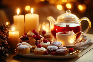 Festive tea party with delicious desserts, candles and warm lights in the background