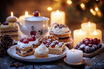 Festive tea party with delicious desserts, candles and warm lights in the background