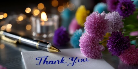 Thank you note surrounded by colorful flowers and warm candlelight at an intimate setting