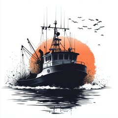 Fishing boat navigates calm waters during sunset with birds flying in the sky