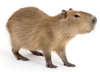 Obraz premium A capybara, the largest rodent in the world, against a plain white background. It is depicted in full body, with its light brown fur and distinctive facial features clearly visible.