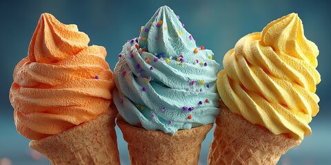 Colorful ice cream cones with soft serve in a variety of flavors displayed in a vibrant setting