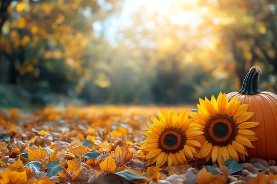 Autumn harvest sunflowers pumpkin fall leaves