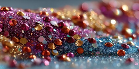 Vibrant assortment of colorful glitter and sequins scattered across a shimmering surface