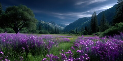 Vibrant purple wildflowers blooming in a serene mountain valley landscape under a starry night sky