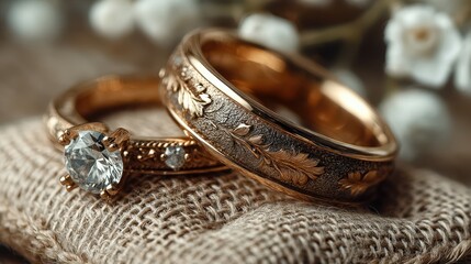 Elegant gold wedding rings with intricate designs displayed on a textured fabric background