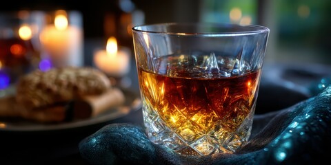 Glass of whiskey sits on a textured surface beside cookies and flickering candles in a cozy setting at night