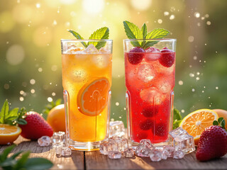 "Iced fruit drinks with mint and ice cubes, condensation on the glass, refreshing summer concept"