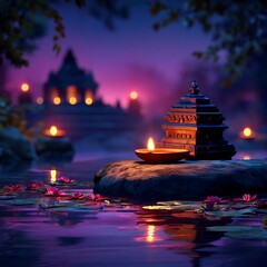Glowing diya in river with temple in background – peaceful Anand Chaudas vibe