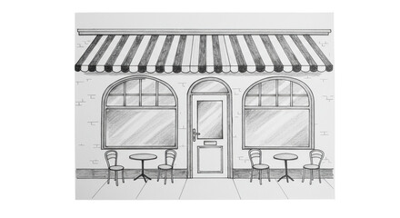 Isolated Cafe Facade Sketch with Awning and Outdoor Seating