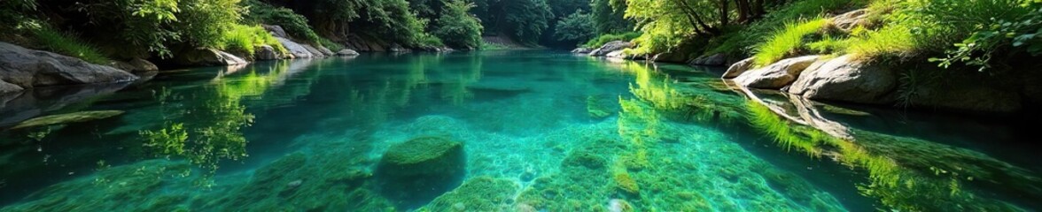 Obraz premium Crystal clear water fills a pristine natural spring, reflecting the surrounding lush greenery The scene evokes tranquility and the purity of untouched nature , plants, peaceful