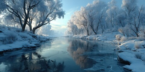 Winter landscape with snow-covered trees and a calm river reflecting the sky