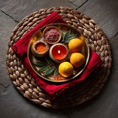 Festive plate with fruits, oil lamp, and kumkum – Anand Chaudas celebration setup