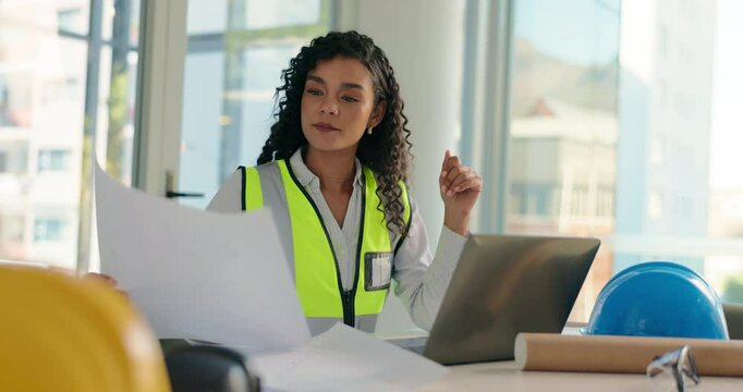 Document, woman or architect on laptop for floor plan, engineering model or project inspection. Research, design or contractor in construction job for development with paperwork, review or blueprint