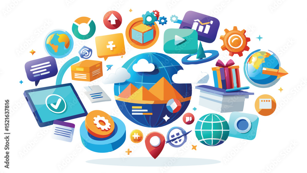 Poster colorful digital icons and graphics design elements with transparency on white background
