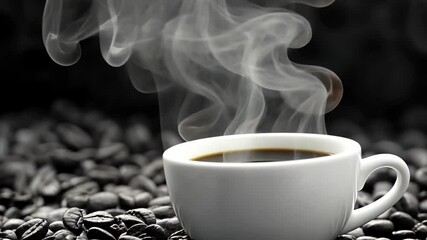 Steaming cup of coffee surrounded by fresh coffee beans in a cozy setting