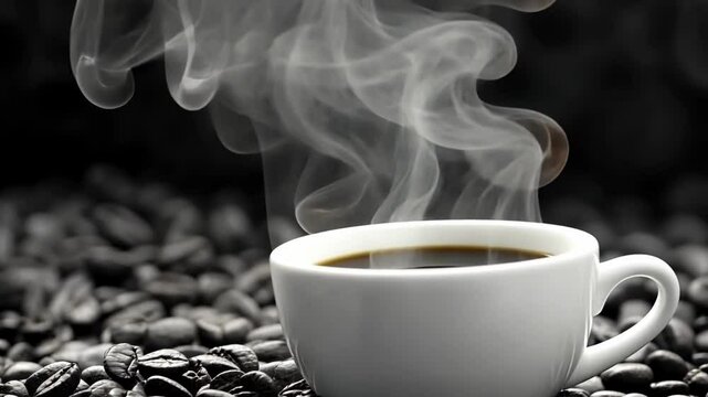 Steaming cup of coffee surrounded by fresh coffee beans in a cozy setting - Powered by Adobe