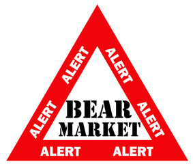 Bold red text "Bear Market" inside a warning triangle, symbolizing falling stock prices, market crash, financial caution, or economic downturn. Ideal for finance visuals.
