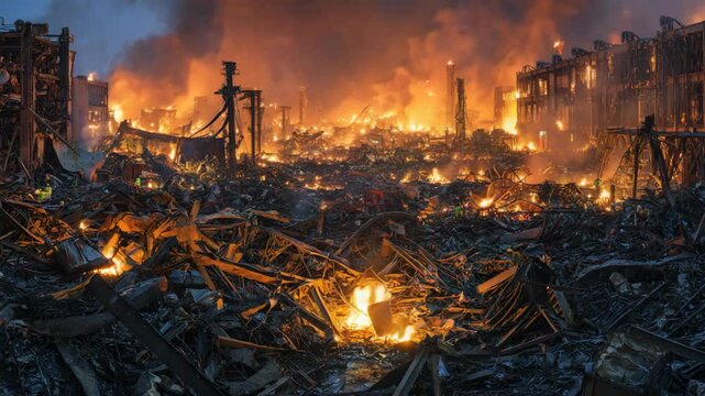 big factory burning down with conflagration, fire flame smoke at night 