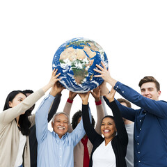 Multicultural Group of People Holding a World Globe Above Their Heads isolated on a transparent background 