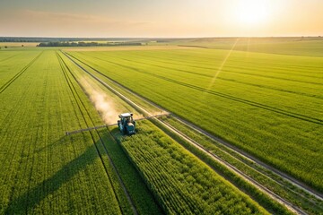 Drone shot of a tractor spraying in lush green wheat fields under the bright sun, showcasing modern agriculture