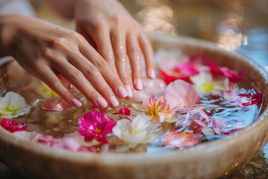 Woman receiving manicure treatment enjoying a relaxing hand bath with flowers