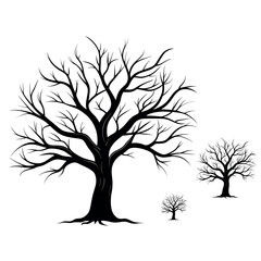 Group of leafless trees in silhouette style representing autumn or winter seasons, suitable for natural forest scenes, spooky woods, or seasonal landscape illustrations