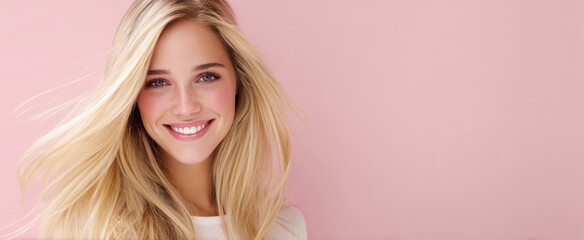 Fototapeta premium The radiant woman with long, flowing hair smiling against a pink background.
