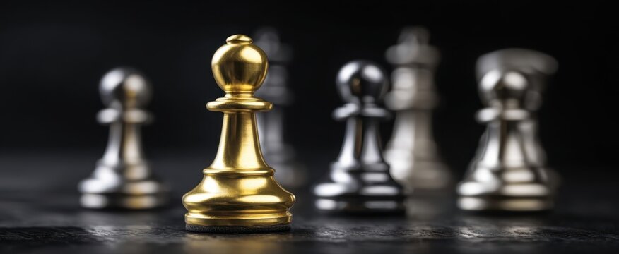 Fototapeta The golden pawn stands out among silver chess pieces on a dark surface.