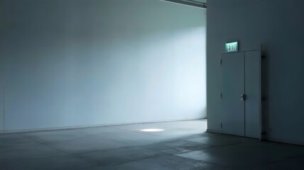 empty white room with glowing exit sign and natural light beam – suitable for safety signage, architectural photography, or surreal interiors