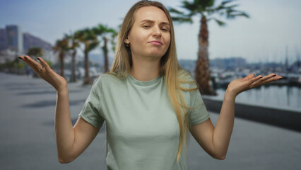 Young woman standing confidently on a beach promenade with palm trees and sea in the background on a sunny day.