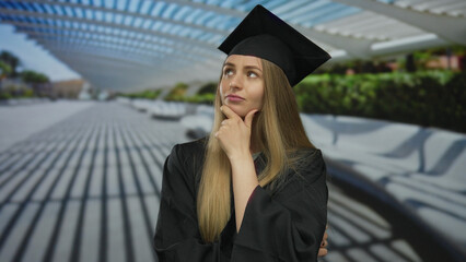Young woman in graduation attire stands thoughtfully in a city street under modern architecture,...