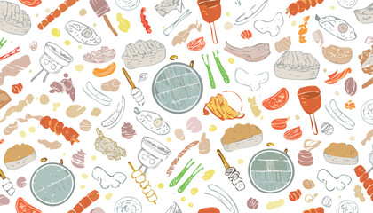 Barbecue background, sketch style with grill vector food. Meat steak, beef kebab, fish, sausage, rib, sauce. Barbeque doodle hand drawn illustration. Vintage BBQ Restaurant menu.bar-b-q, doodle, menu,