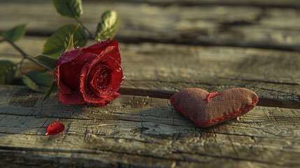 A single red rose with dewdrops next to a small stitched fabric heart, isolated on a rustic wooden-textured background for a cozy and natural feel.