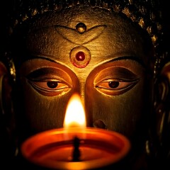 Close-up of goddess Durga face with glowing diya – powerful divine gaze