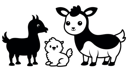 Baby farm animals silhouette vector – goat, lamb, alpaca. Cute cartoon animal clipart for kids, farm-themed designs, and education.