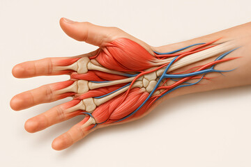 Human hand anatomy illustration showing muscles, bones, tendons, arteries, and veins in detail, used for medical education, biology study, healthcare, and anatomical reference
