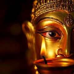 Golden face of deity with soft lighting – Indian religious art close-up