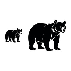 Grizzly bear silhouette vector with cub. Strong wild animal design for forest, adventure, wildlife, and outdoors themes.