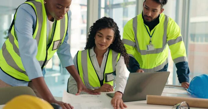 Architecture, meeting and people on laptop in office for design, floorplan and building project. Construction, teamwork and workers with blueprint, documents and tech for website, sketch and planning