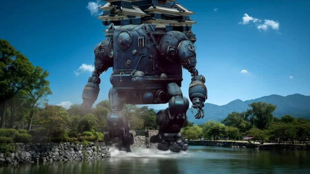 Military robot castle crossing the moat in action sequence