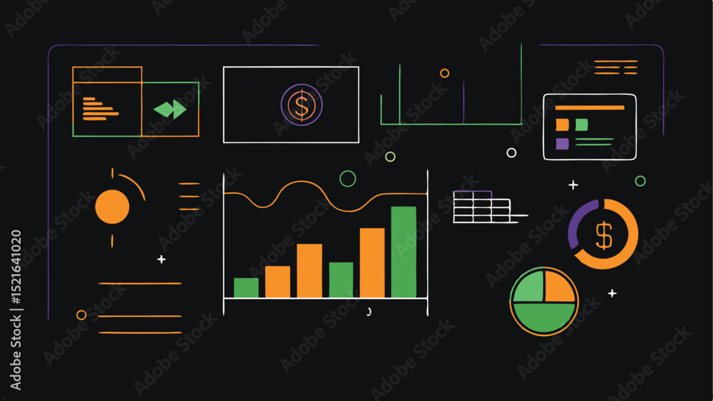 Poster colorful vector wireframe elements representing digital finance dashboard design and statistics