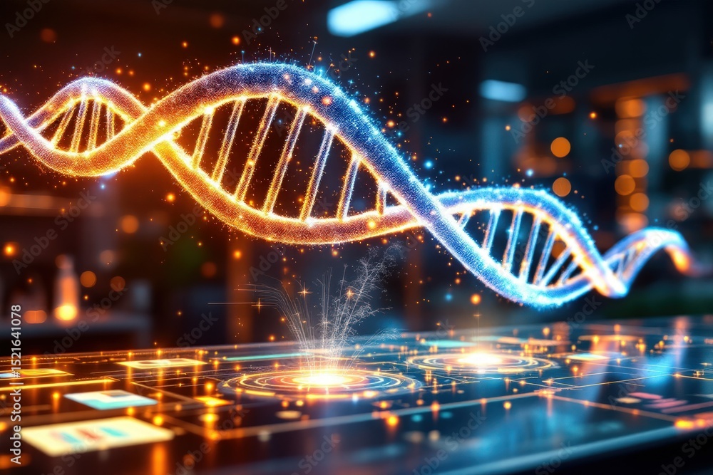 Poster digital representation of dna strand with glowing particles and technologic elements