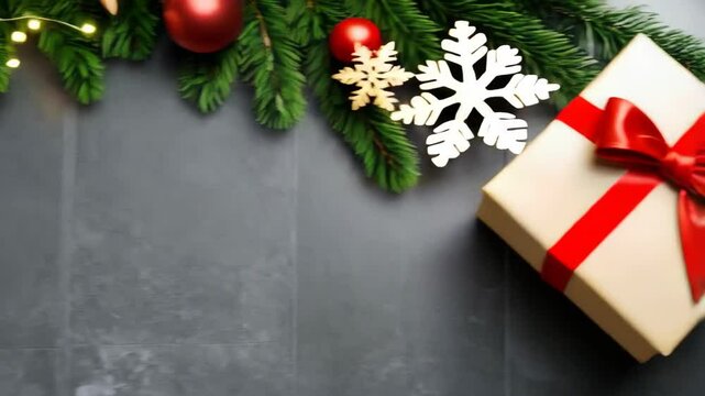 Festive holiday background featuring evergreen branches, ornaments, pine cones, and string lights on a textured gray surface