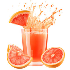 Freshly squeezed grapefruit juice splashing from a glass with a slice of grapefruit and other grapefruit wedges.