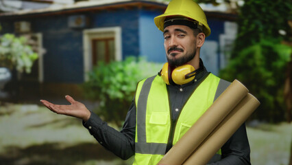 Construction worker wearing safety gear on urban street holds blueprints while gesturing outdoors with a confident smile, embodying a professional and approachable demeanor.