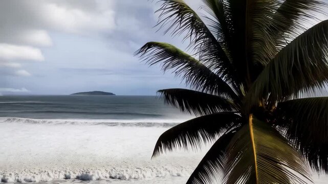 Coastal scenery showing turbulent ocean waves under overcast sky with distant rain shower and small island on the horizon